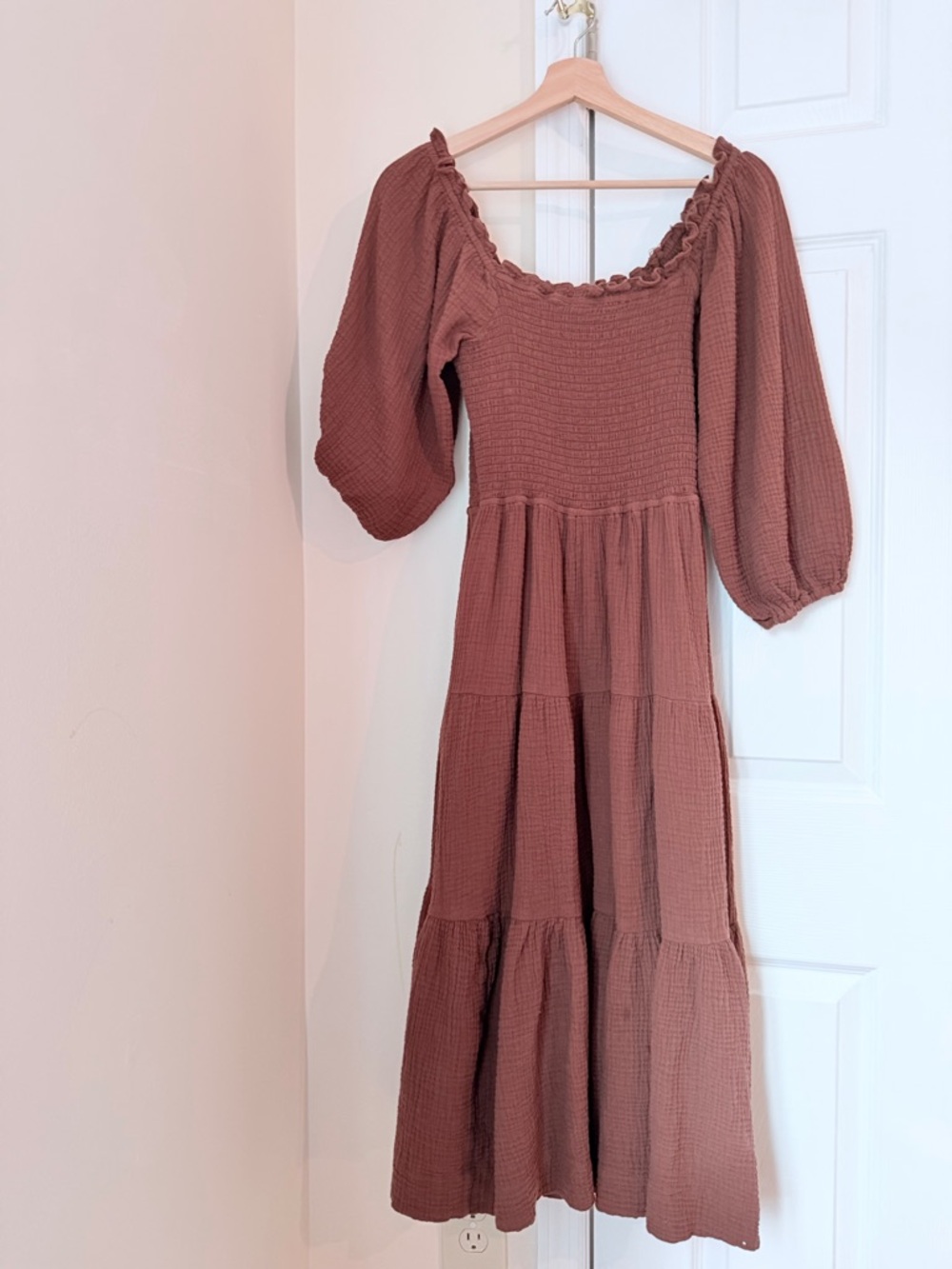 Smocked Puff-Sleeve Maxi Dress in Dusty Mauve